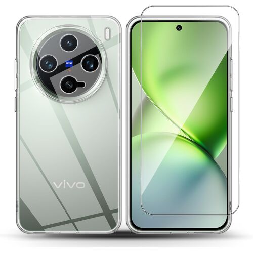 JGD-Coque pour VIVO X200 Pro Mini 5G et 2 Pièces Verre Trempé, Anti-Rayures Film Protection écran, Souple TPU Case Mince Étui Antichoc Anti-Jaune Bumper Housse, Transparent