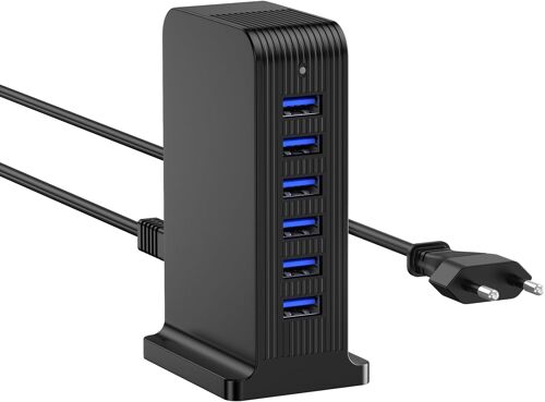 JGD-Station de Charge USB 25W, Tour de Charge Multi-USB pour iPhone 14/14 Pro/15/15 Pro, Samsung, iPad(Black, 25w)