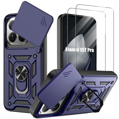 Coque + 2 Verres Trempés pour Xiaomi 15T Pro, Protection Antichoc avec Anneau Rigide Bordure Renforcée - Bleu Marine - E.F.Connection