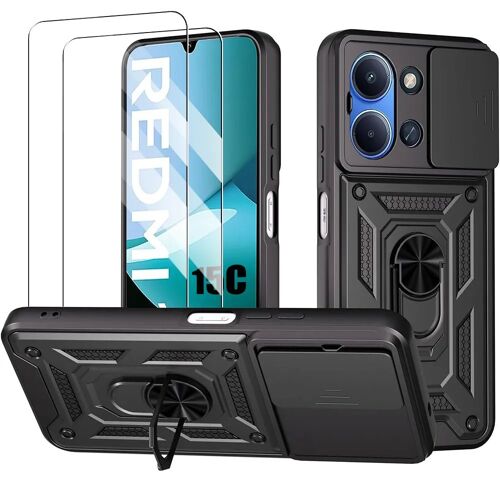 Coque + 2 Verres Trempés pour Xiaomi Redmi 15C 4G/5G, Antichoc avec Anneau et Protection Objectif Coulissante - Noir - E.F.Connection