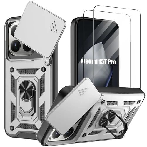 Coque + 2 Verres Trempés pour Xiaomi 15T Pro, Rigide avec Anneau et Protection Caméra Coulissante - Argenté - E.F.Connection