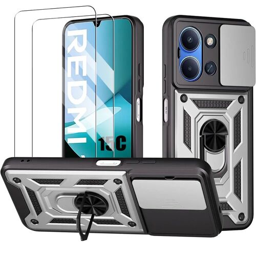 Coque + 2 Verres Trempés pour Xiaomi Redmi 15C 4G/5G, Antichoc Rigide avec Anneau et Protection Caméra - Argenté - E.F.Connection