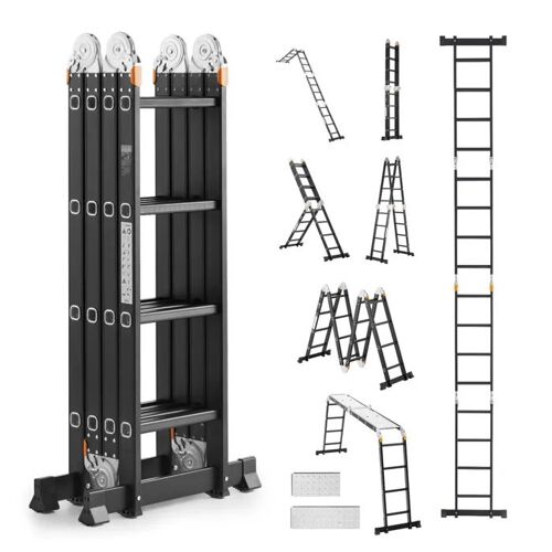 Échelle Pliante Polyvalente 7 en 1-Duoku-Réglable avec Planche Échafaudage, Barre Équilibre-Hauteur de Portée 4,65 m-4 Marches