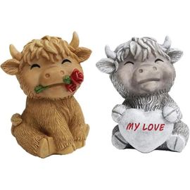 Sculpture de Vache Écossaise des Highlands Lot de 2 Statuettes Résine Décoration Intérieure Extérieure Design Rustique Peint la Main