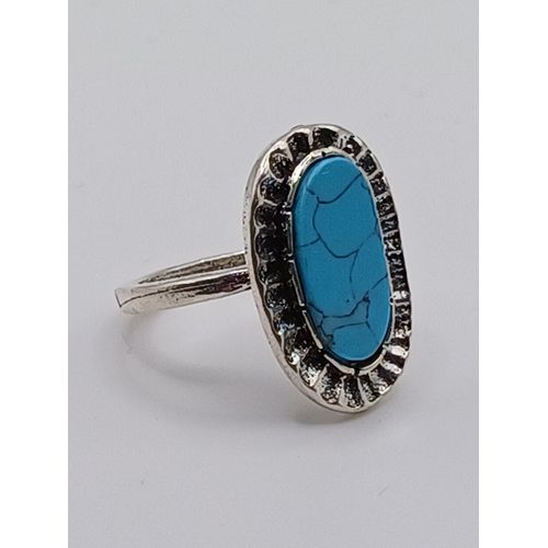 Bague Métal Argenté,Pierre Plate,Strass Turquoise Marbrée ,Taille 19.11 Mm