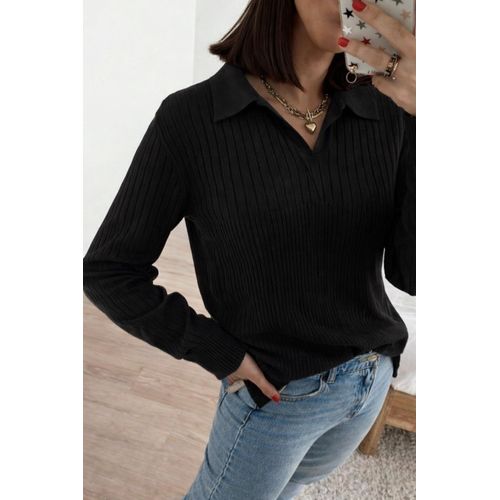 Pull Noir Vintage Maille Côtelée Col Polo – Chic Minimal – Coupe Fluide