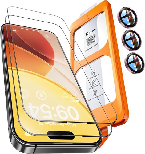 JGD-2 Pièces Verre Trempé pour iPhone 15 Pro Max avec Protection Objectif, Dépoussiérage Automatique, Sans Bulles, 9H Couverture Complète Protection, Coques de Téléphone Compatibles, Rose