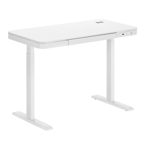 Bureau motorisé assis-debout 118x60cm avec tiroir et chargeur sans fil, Plateau Blanc/Pied Blanc