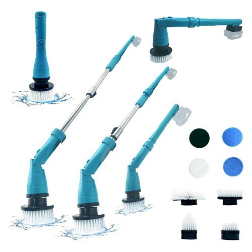 Brosse rotative électrique portable sans fil avec 7 têtes interchangeables et manche télescopique, adaptée aux salles de bains, baignoires, cuisines et sols carrelés