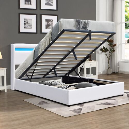 Lit déhoussable 140x190 avec tête de lit LED - 12 lattes - montage rapide et facile - revêtement PVC simili - design moderne - gain de place - chambre élégante - LIT CLEMENTINE BLANC