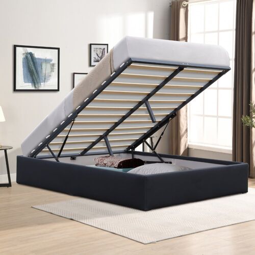 Lit 160x200 Coffre Gris - Dimensions Spacieuses - Compatible avec Tous Matelas - Montage Rapide et Facile - Revêtement PVC Simili Pratique - LIT LORIS NOIR