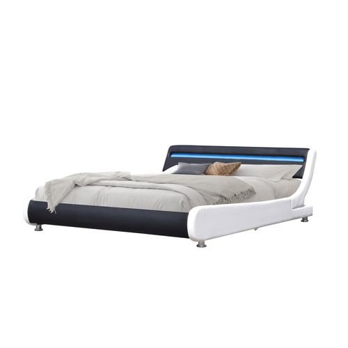 Sommier 120x190 Lit Ava avec Tête de Lit Éclairage LED Couleur Blanc et Noir 5 cm Pieds 13 Lattes Revêtement Simili PVC Facile Entretien Montage Rapide Confort Optimal Usage Quotidien
