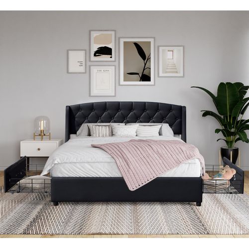 iris - Solide et Confortable Lit 140x190 avec Sommier avec 4 tiroirs + Tete de lit Couleur NOIR + Pieds en 4 cm - 2 x 13 Lattes - revetement PVC Simili facile d'entretien - Montage Rapide et Facile