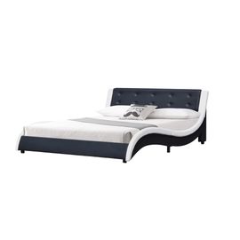 Lit mathis pour matelas 140x190 - Sommier + Tête de Lit Couleur BLANC & NOIR + Pieds en 5 cm pour matelas - 2 x 13 Lattes - revetement PVC Simili facile d'entretien - Montage Rapide et Facile