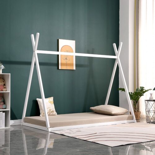 Lit cabane en pin massif 90x190 cm blanc avec 10 lattes en contreplaqué peuplier montage rapide et facile