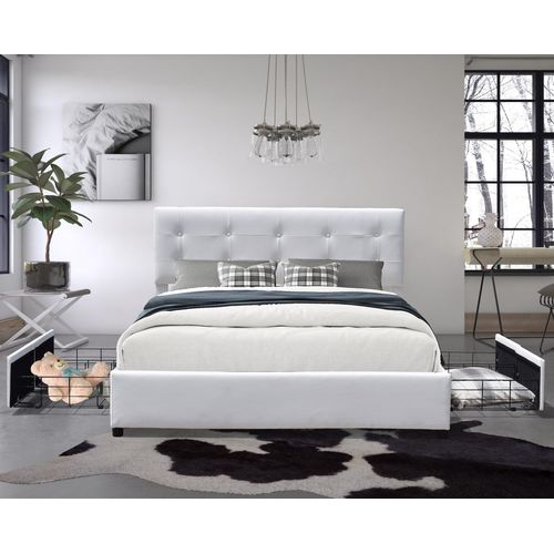 Lit 140x190 - Chloe blanc - solide et confortable - 4 tiroirs - tête de lit incluse - revêtement PVC simili - montage rapide et facile - rangement optimal