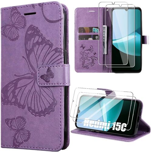 Coque + 2 Verres Trempés pour Xiaomi Redmi 15C 4G/5G, Protection Cuir Synthétique Violet Motif Papillon - E.F.Connection