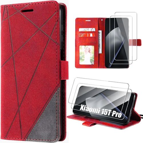 Coque + 2 Verres Trempés pour Xiaomi 15T Pro, Protection Anti-Rayures Antichoc Synthécuir - Rouge Gris - E.F.Connection