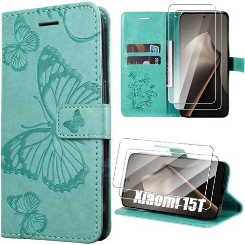 Coque + 2 Verres Trempés pour Xiaomi 15T, Protection Antichoc Simili Cuir Motif Papillon - Vert - E.F.Connection