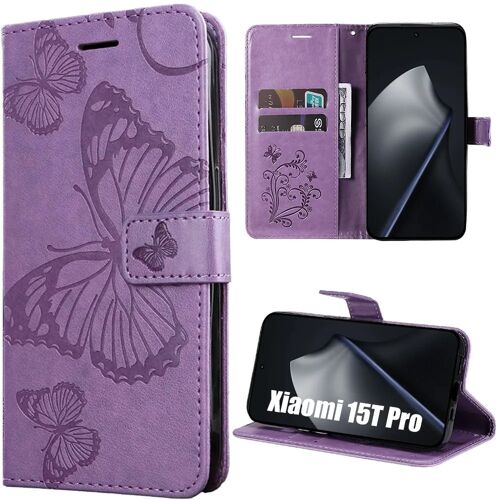 Coque pour Xiaomi 15T Pro, Cuir Synthétique Antichoc Anti-Rayures Motif Papillon Violet - E.F.Connection
