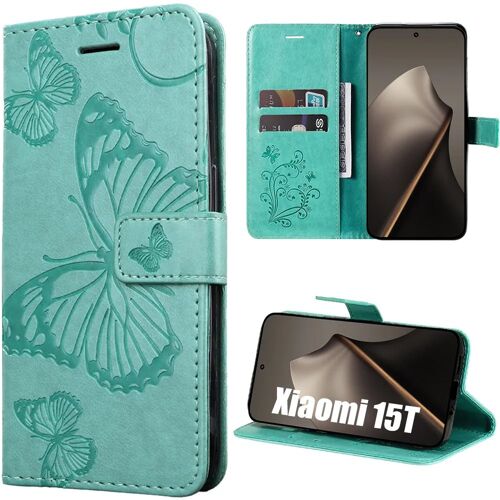 Coque pour Xiaomi 15T, Protection Antichoc en Simili Cuir Motif Papillons - Vert - E.F.Connection