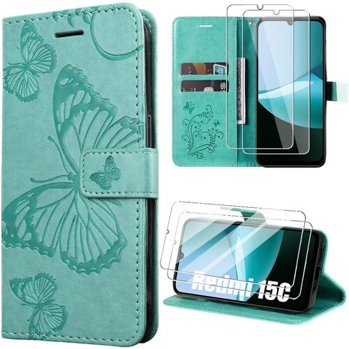 Coque + 2 Verres Trempés pour Xiaomi Redmi 15C 4G/5G, Antichoc Effet Cuir Vert Motif Papillon - E.F.Connection