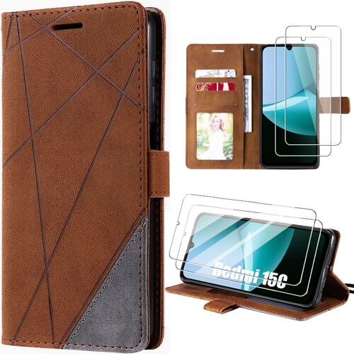 Coque + 2 Verres Trempés pour Xiaomi Redmi 15C 4G/5G, Protection Cuir Synthétique Anti-Rayures Marron Gris - E.F.Connection