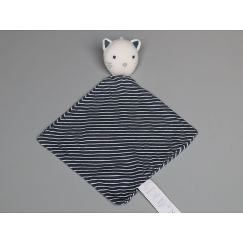 Doudou chat plat Obaïbi bleu marine rayé blanc