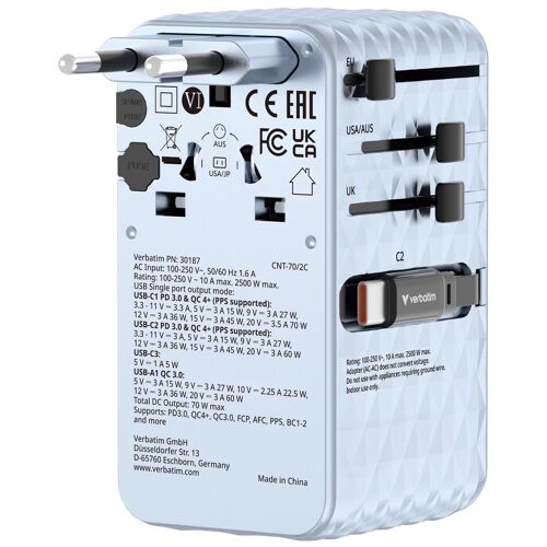 Verbatim Charge 'n' Travel 70W Universel Bleu Secteur Charge rapide Intérieure