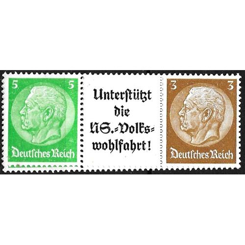 Allemagne, 3ème Reich 1933 / 36, Belle Bande 2 Timbres Neufs* Yvert 494 486, Maréchal Hindenburg 3 Et 5pf. Avec Vignette Centrale Pour La Nsv, Caisse De Bienfaisance Du Régine Nazi.