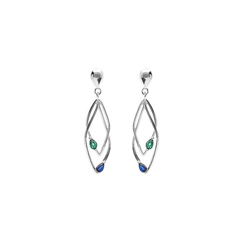 Boucles D'oreilles Tige Argent Rhodié 2 Losanges Entrelacés Oxydes Bleu Et Vert Serti