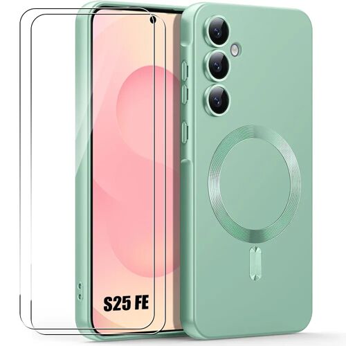 Coque + 2 Verres Trempés pour Samsung Galaxy S25 FE, Silicone Anti-Rayures avec Anneau Mangétique Vert - E.F.Connection