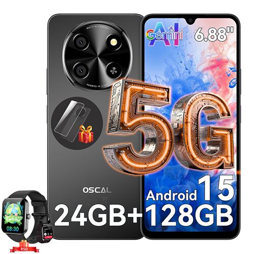 Oscal TIGER 8 Téléphone Portable Débloqué 5G 6,88 pouces 24Go+128Go/SD 2To 5000mAh Android 15 NFC Dual SIM Noir avec Smartwatch Blackview R50