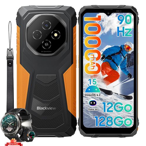 Blackview FORT 1 Smartphone Portable Incassable 6.56" 12Go+128Go 10000mAh Android 15 NFC Orange avec W50pro montre intelligente Noir