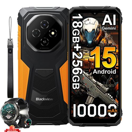 Blackview FORT 1 Smartphone Portable Incassable 6.56" 18Go+256Go 10000mAh Android 15 NFC Orange avec W50pro montre intelligente Noir