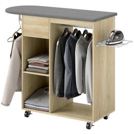 Table à repasser sur roulettes - 2 tringles, 2 niches, tiroir, support fer - toile planche incluse effet bois clair gris