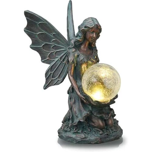 Figurine de Jardin Solaire - NIKCORP - Fée 33cm - Résine Imitation Bronze - Éclairage LED Automatique