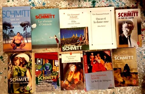 Lot 10 Eric Emmanuel Schmitt Le Sumo Qui Ne Pouvait Pas Grossir, Oscar Et La Dame Rose, Félix Et La Source Invisible, Monsieur Ibrahim Et Les Fleurs Du Coran, L'Evangile Selon Pilate, La Part De L'Aut