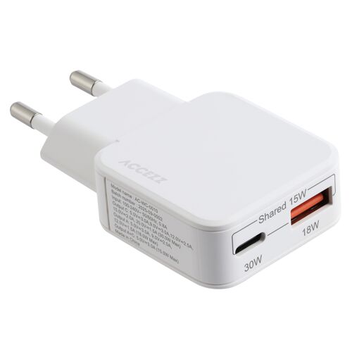Accezz Chargeur GaN Ultra Slim USB-C + USB-A 30 W Blanc