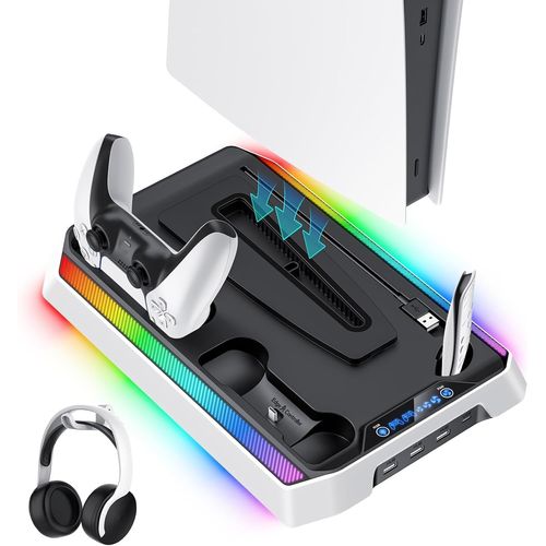 Station de recharge pour PS5/Slim/Pro et manettes Station de recharge pour console PS5 avec ventilateur de refroidissement, double chargeur de manettes,support de refroidissement
