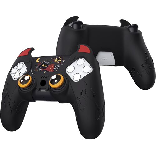 Protection Manette pour ps5 Coque Housse Silicone avec Capuchon pour ps5 Joystick Grip et Sticker Pavé Tactile,Cover Skin Compatible avec Station de Charge,Cute Demon-Noir