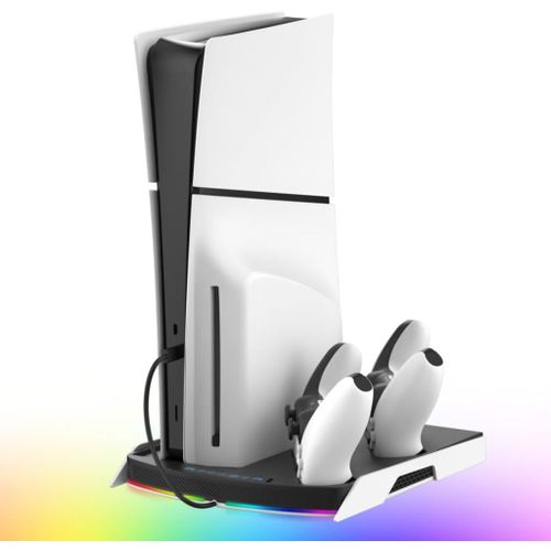 Support PS5 avec Ventilateur de Refroidissement et Double Manette PS5/Edge Chargeur, Support Vertical Multifonction Compatible avec PS5/Pro/Slim, avec Hub USB et Éclairage RGB - Accessoires PS5