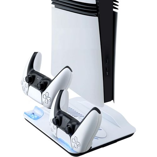 PS5/PS5 Slim/PS5 Pro Ventilateur Station de Refroidissement, Support de Charge Vertical avec Chargeur Double pour Manettes, Lumière LED et Trois Vitesses Réglable