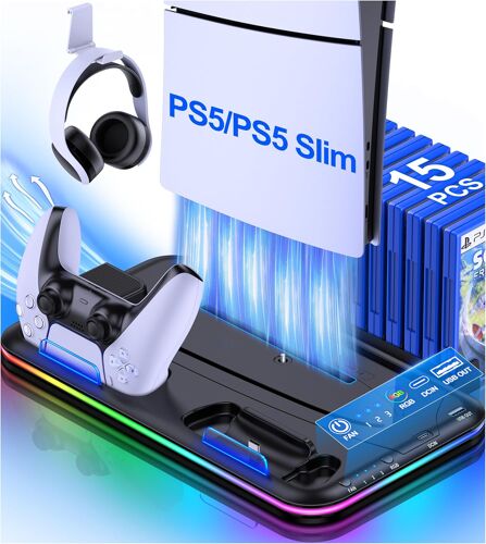 Socle PS5 avec Ventilateur de Refroidissement, Lumières RVB, Chargeur Double Manette, Porte-Casque, 15 Emplacements de Jeu - Support Vertical pour PS5 Disc/Digital Edition/Slim