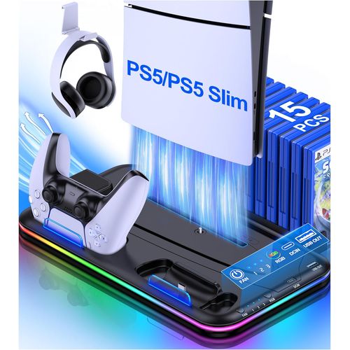 Socle PS5 avec Ventilateur de Refroidissement, Lumières RVB, Chargeur Double Manette, Porte-Casque, 15 Emplacements de Jeu - Support Vertical pour PS5 Disc/Digital Edition/Slim