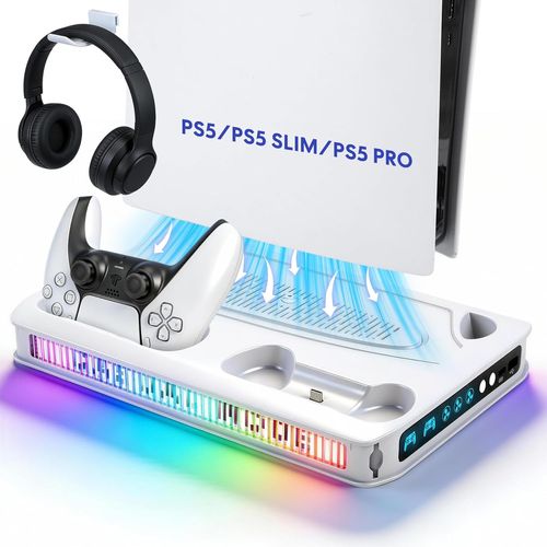 Support pour PS5/PS5 Slim/PS5 Pro avec ventilateur à 3 niveaux et lumière, support PS5 avec station de charge double manette, support pour casque, emplacement à distance pour PS5