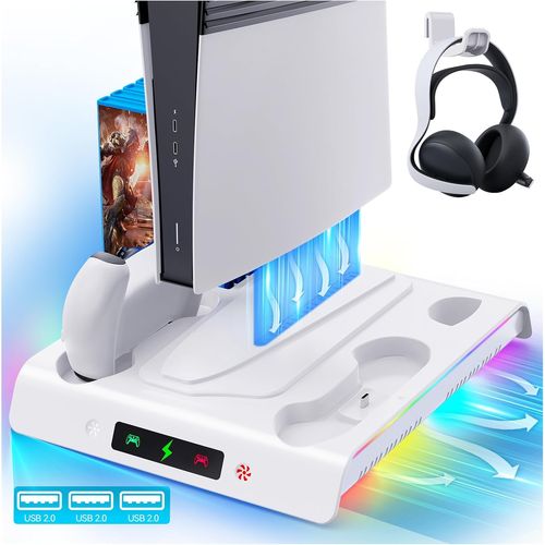 Support pour PS5/PS5 Slim/PS5 Pro avec ventilateur de refroidissement et éclairage RVB, station de charge double contrôleur pour console PS5/Slim/Pro avec 5 emplacements de jeu et 3 ports USB