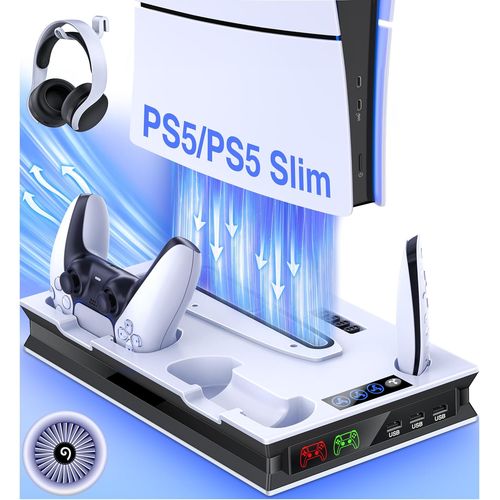 Support PS5 avec ventilateur, support pour PS5/PS5 Slim, support de casque, station de charge pour manette, télécommande, 3 hubs USB, accessoires pour console Playstation 5