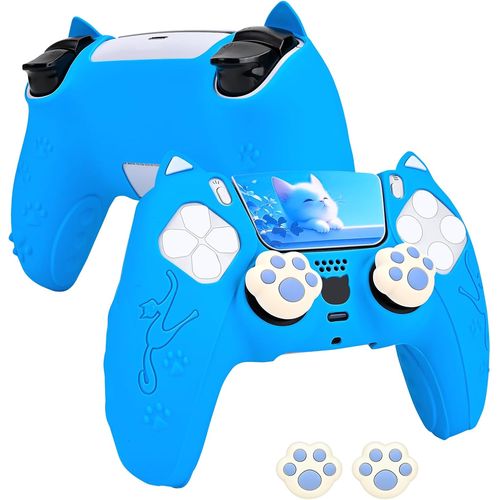 Coque pour PS5 Controller,Mignon Coque Housse en Silicone pour PS5 Manette avec 2 Capuchon Joystick et 2 Autocollants pour Le Pavé Tactile,Antidérapant, Anti-Rayures et Antichocs,Bleu