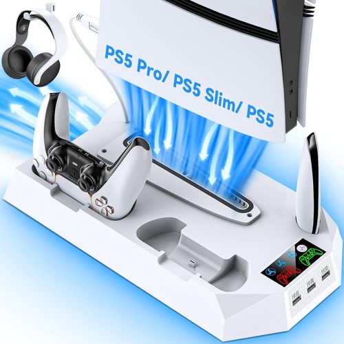 Support PS5 pour PS5/PS5 Slim/PS5 Pro, Station de Refroidissement avec Charge à Double Manettes, Ventilateur de Refroidissement à 3 Vitesses avec Casque et 3 Ports USB